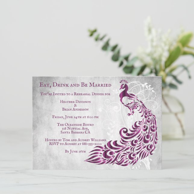 Magenta Peacock Leaf Vine Rehearsal Dinner Invite (Standing Front)
