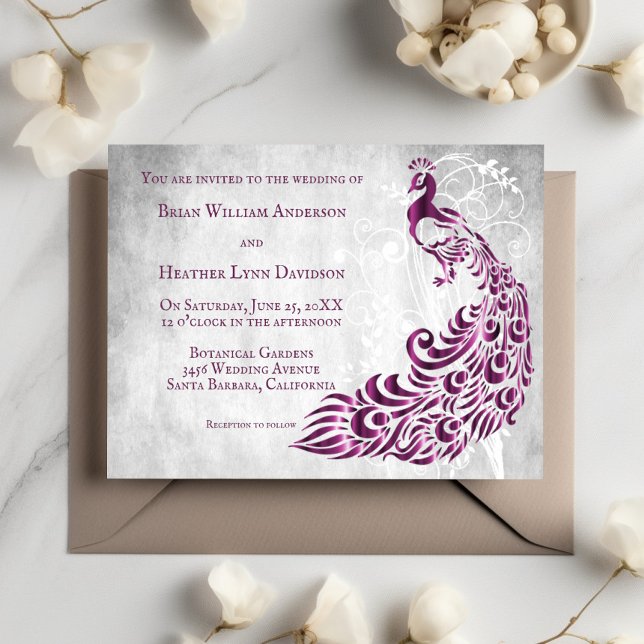 Magenta Peacock Leaf Vine Wedding Invitation (Magenta Peacock Leaf Vine Wedding Invitation)