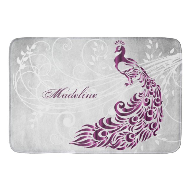 Magenta Peacock Personalized Bath Mat (Front)