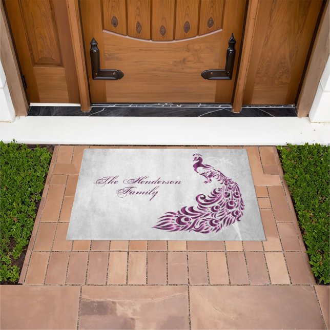 Magenta Peacock Personalized Door Mat (Outdoor)