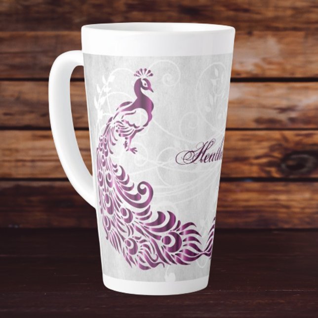 Magenta Peacock Personalized Latte Mug (Magenta Peacock Personalized Latte Mug)