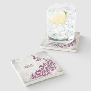 Magenta Peacock Personalized Stone Coaster