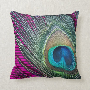 Magenta Peacock with Lines Throw Pillow