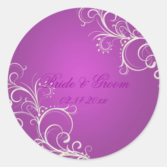 Magenta pearl swirls wedding stickers (Front)