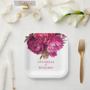 Magenta Peony Floral Wedding  Paper Plate