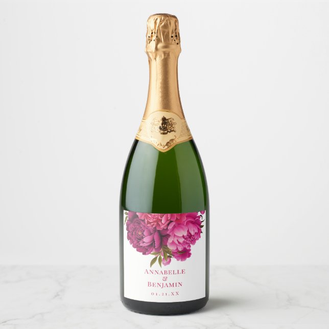 Magenta Peony Floral Wedding  Sparkling Wine Label (Front)