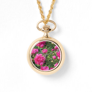 Magenta peony gold necklace timepiece