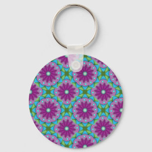 Magenta, Pink and Green Flower Pattern Keychain