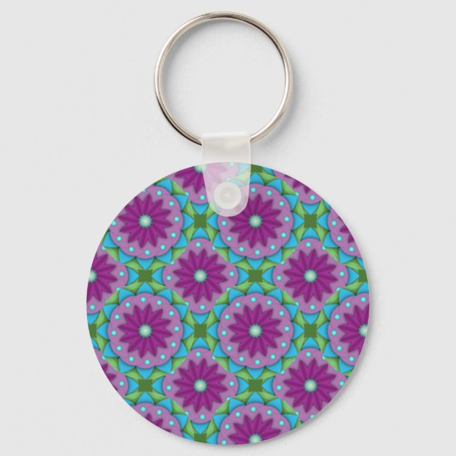 Magenta, Pink and Green Flower Pattern Keychain (Front)
