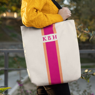 Magenta Pink and Orange   Classic Stripe Monogram Tote Bag