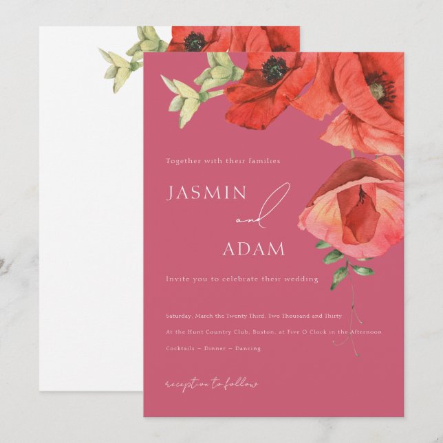 Magenta Pink and Red Poppies Wedding Invitation (Front/Back)