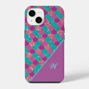 Magenta Pink and Teal Mermaid Scales with Initial iPhone 14 Case