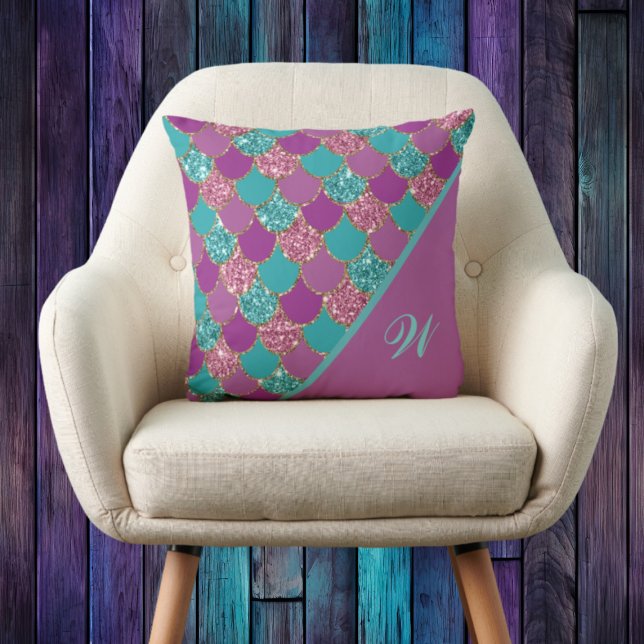 Magenta Pink and Teal Mermaid Scales with Initial Throw Pillow (Creator Uploaded)