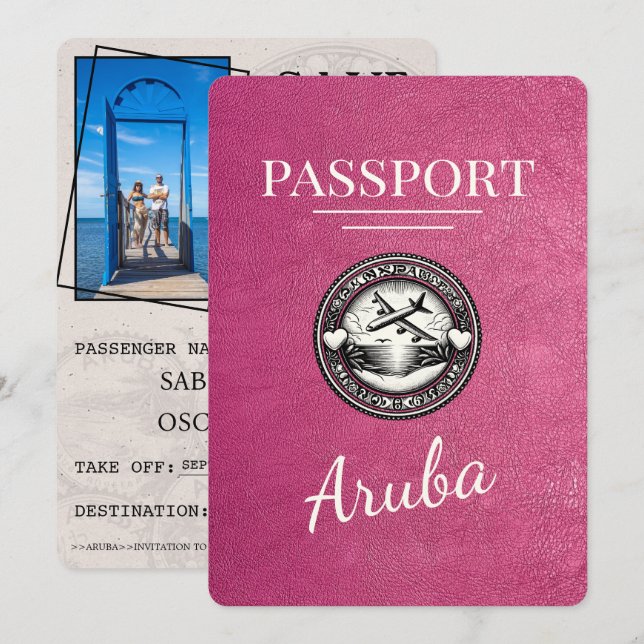 Magenta Pink Aruba Passport Save The Date (Front/Back)