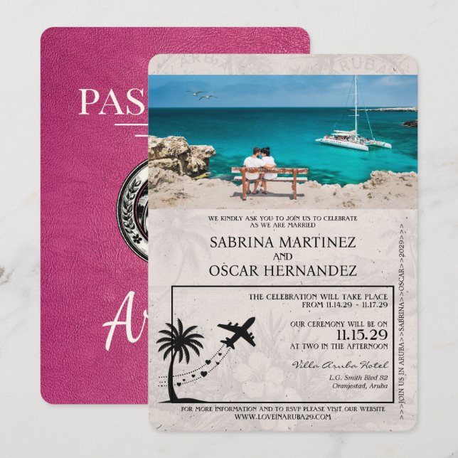 Magenta Pink Aruba Passport Wedding Invitation (Front/Back)