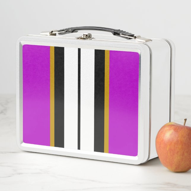 Magenta Pink Black White Vertical Racing Stripes Metal Lunch Box (In Situ)