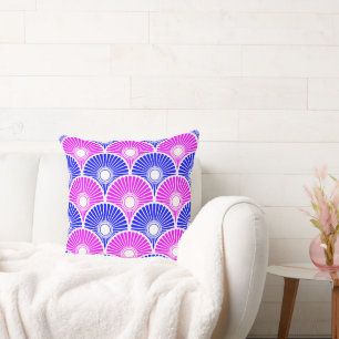 Magenta Pink Blue Chinese Semi Circle Wave pattern Throw Pillow