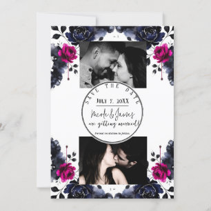 Magenta Pink Blue Inky Floral Watercolor Save Date Invitation