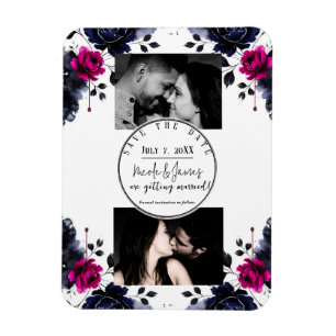 Magenta Pink Blue Inky Floral Watercolor Save Date Magnet