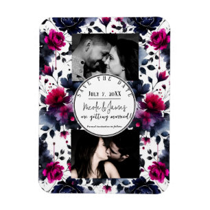 Magenta Pink Blue Inky Floral Watercolor Save Date Magnet