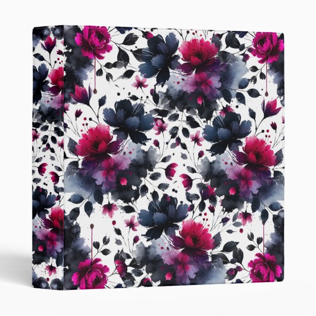 Magenta Pink & Blue Inky Floral Watercolor Wedding Binder (Front/Spine)