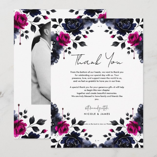 Magenta Pink & Blue Inky Floral Watercolor Wedding Invitation (Front/Back)