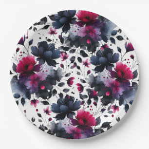 Magenta Pink & Blue Inky Floral Watercolor Wedding Paper Plate