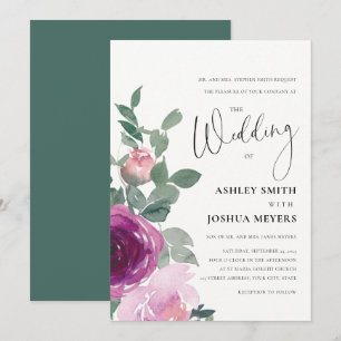 Magenta Pink Blush Floral Roses Ivory Wedding Invitation