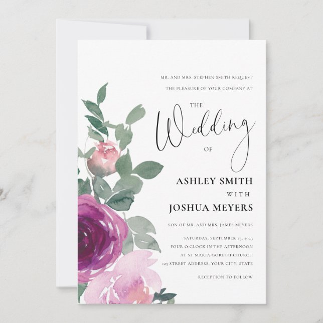 Magenta Pink Blush Floral Roses White Wedding Invitation (Front)