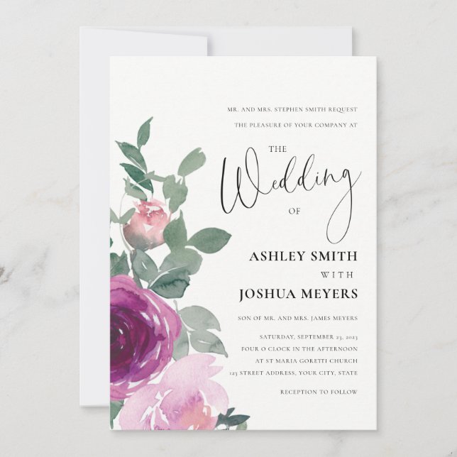 Magenta Pink Blush Pink Floral Roses Ivory Wedding Invitation (Front)