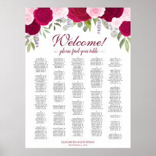 Magenta Pink Boho Roses Alphabetical Seating Chart