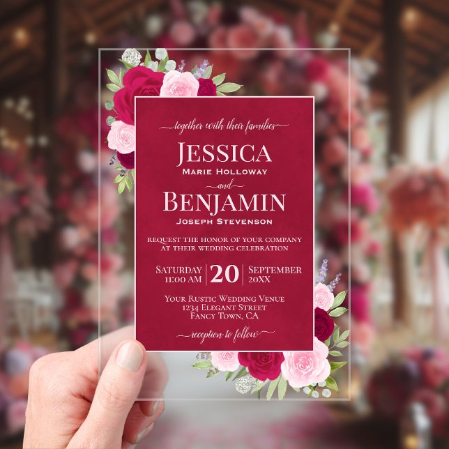 Magenta & Pink Boho Roses Stylish Text Wedding Acrylic Invitations (Clear Acrylic with Rectangle Cut)