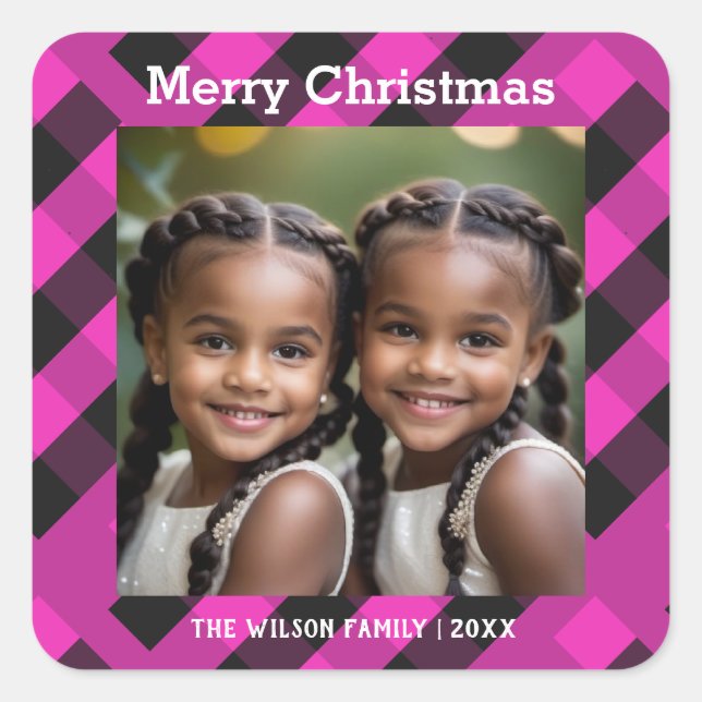 Magenta Pink Buffalo Plaid Custom Photo Christmas Square Sticker (Front)