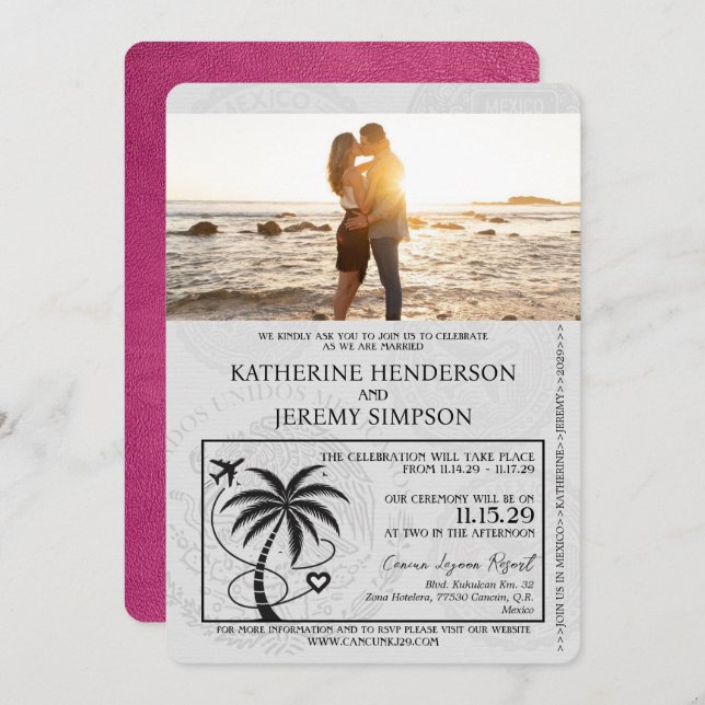 Magenta Pink Cancun Passport Wedding Invitation (Front/Back)
