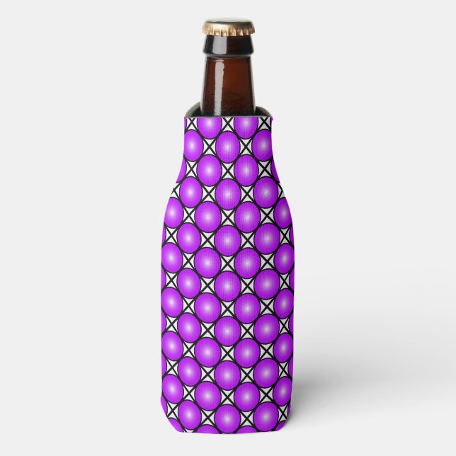 Magenta Pink Dots Black White Lattice Pattern Bottle Cooler (Bottle Front)