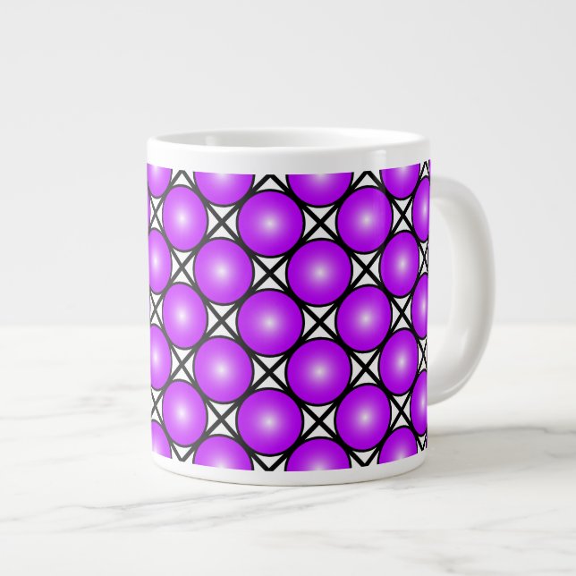 Magenta Pink Dots Black White Lattice Pattern Large Coffee Mug (Front Right)