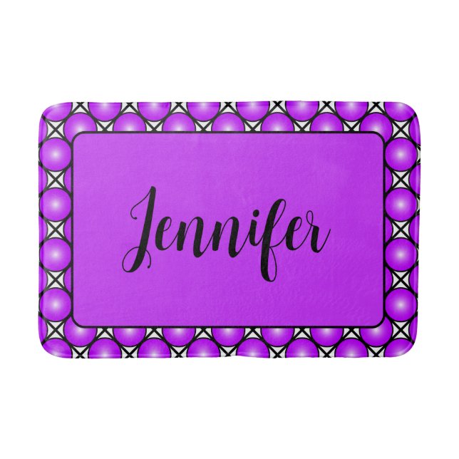 Magenta Pink Dots Black White Lattice Pattern Name Bath Mat (Front)