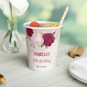 magenta pink floral greenery paper cups