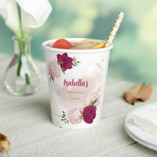 magenta pink floral greenery  paper cups