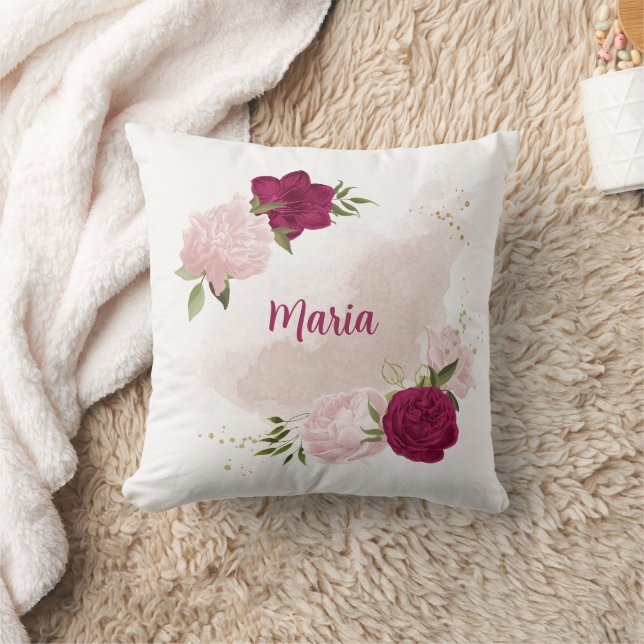 magenta pink floral greenery throw pillow (Blanket)