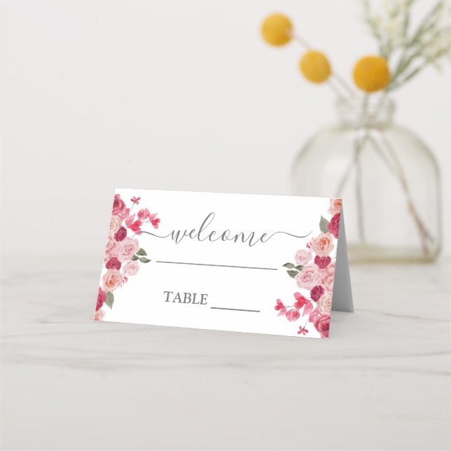Magenta Pink Floral wedding place card (Front)