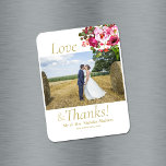 Magenta Pink Floral Wedding Thank You  Magnet<br><div class="desc">Your guests will love this natural, watercolor beauty. From the Magenta Pink Collection, this summer romantic layout has a photo template on front in the middle. Love and Thanks text surrounds photo, and married names and date templates on front under photo. A floral bouquet at top right has multiple colours...</div>