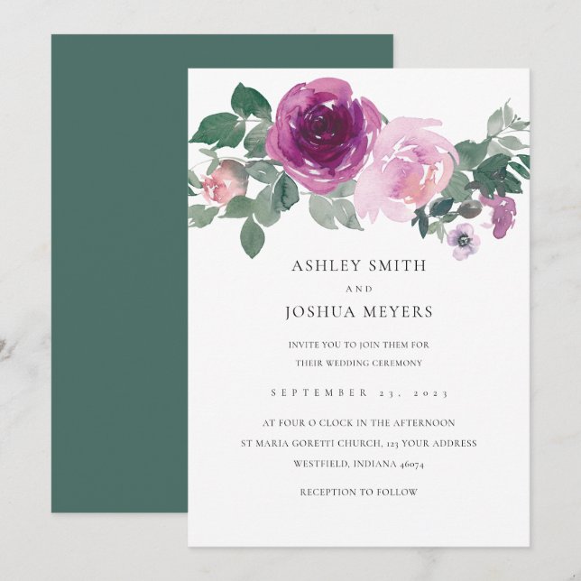 Magenta Pink Floral White Leaf Green Wedding Invitation (Front/Back)