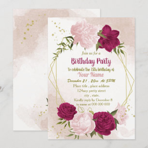 magenta pink flowers green leaves birthday invitation
