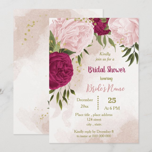 magenta pink flowers green leaves bridal shower invitation (Front/Back)