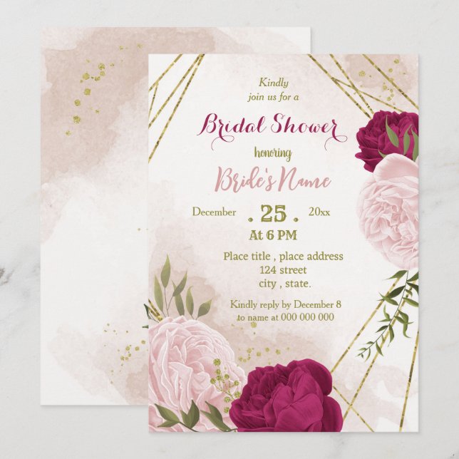 magenta pink flowers green leaves bridal shower invitation (Front/Back)