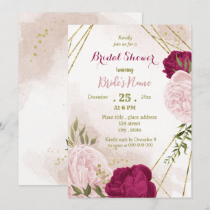 magenta pink flowers green leaves bridal shower invitation
