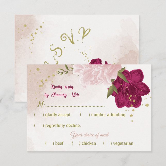 magenta pink flowers green leaves RSVP card (Front/Back)