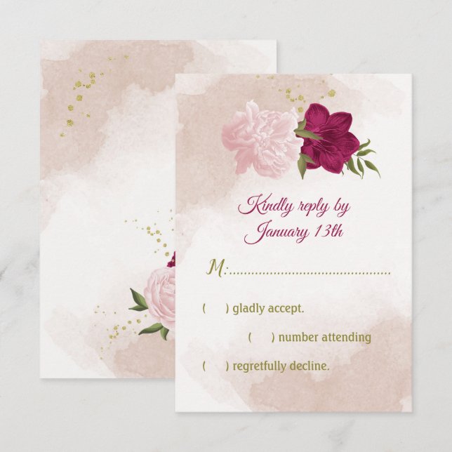magenta pink flowers green leaves RSVP card (Front/Back)