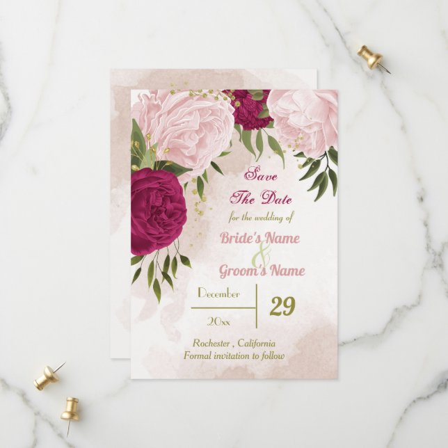 magenta pink flowers green leaves save the date (Front/Back In Situ)